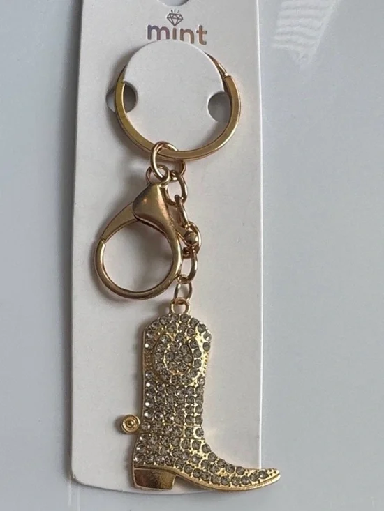 Mint Gold Rhinestone Cowboy Boot Keychain Charm - Picture 2 of 3
